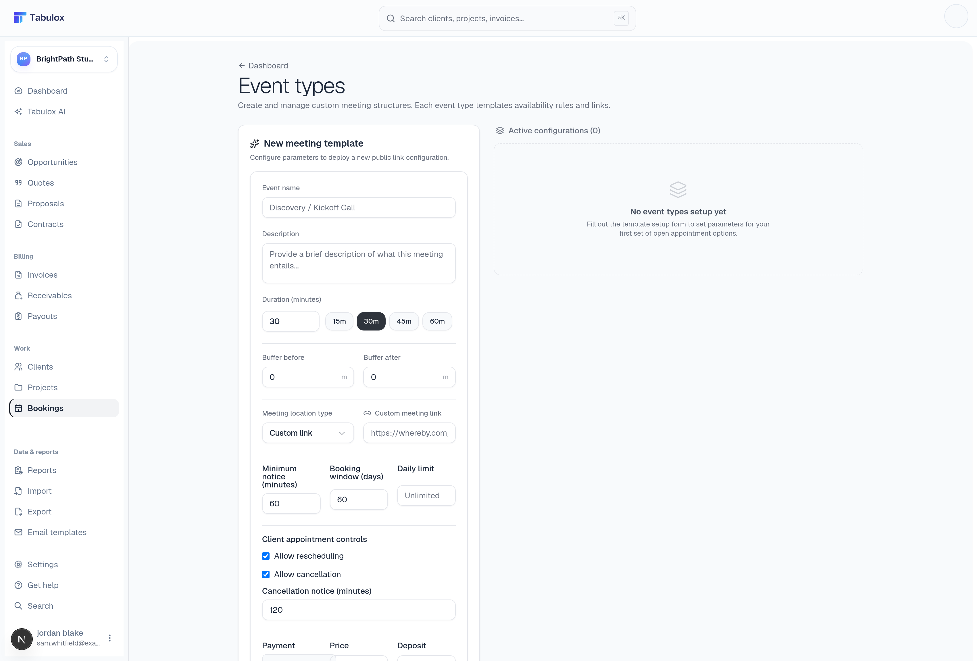 New Meeting Template form with fields for event name, description, duration, buffers, meeting location, and booking limits