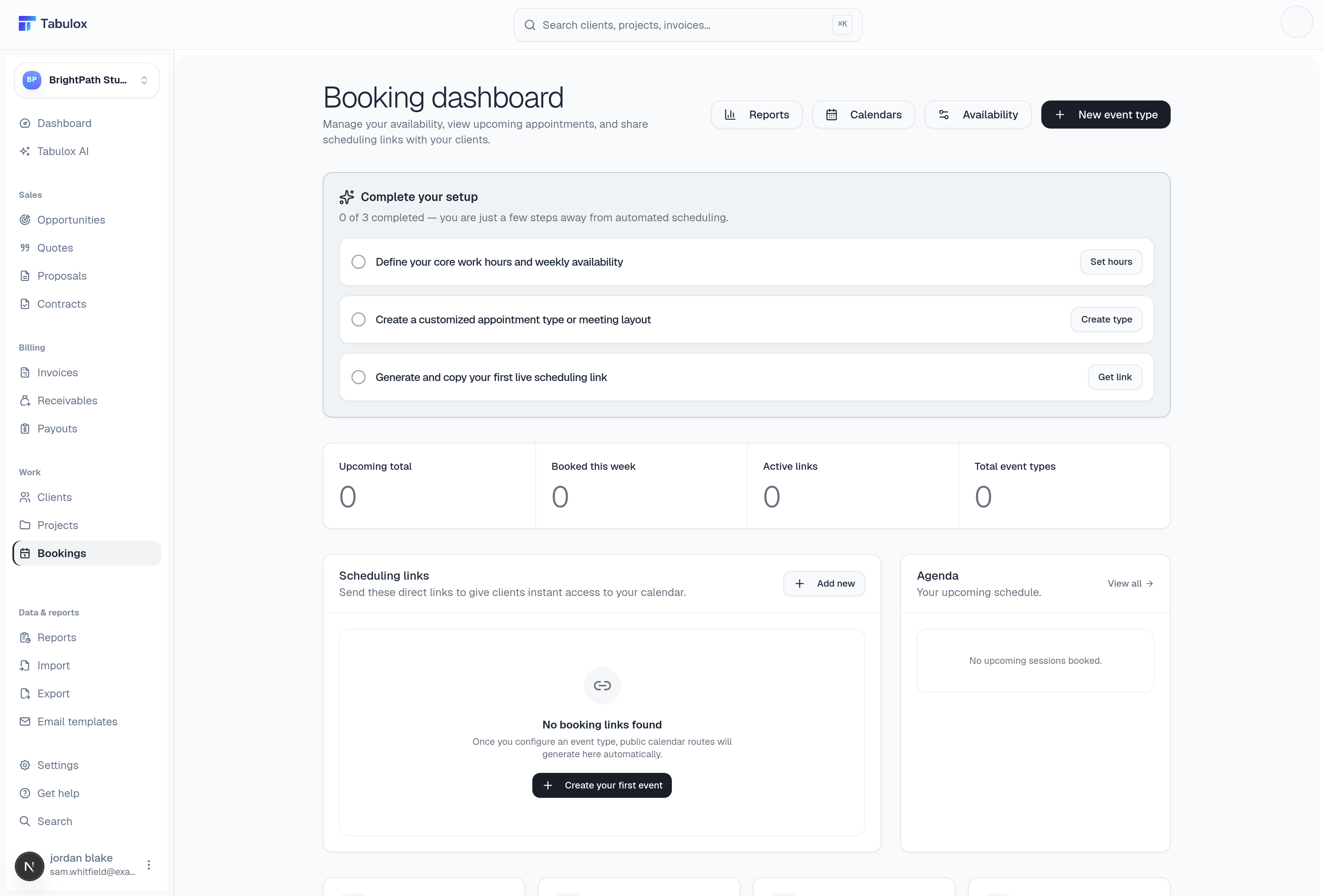 Tabulox Booking Dashboard — setup checklist and scheduling overview