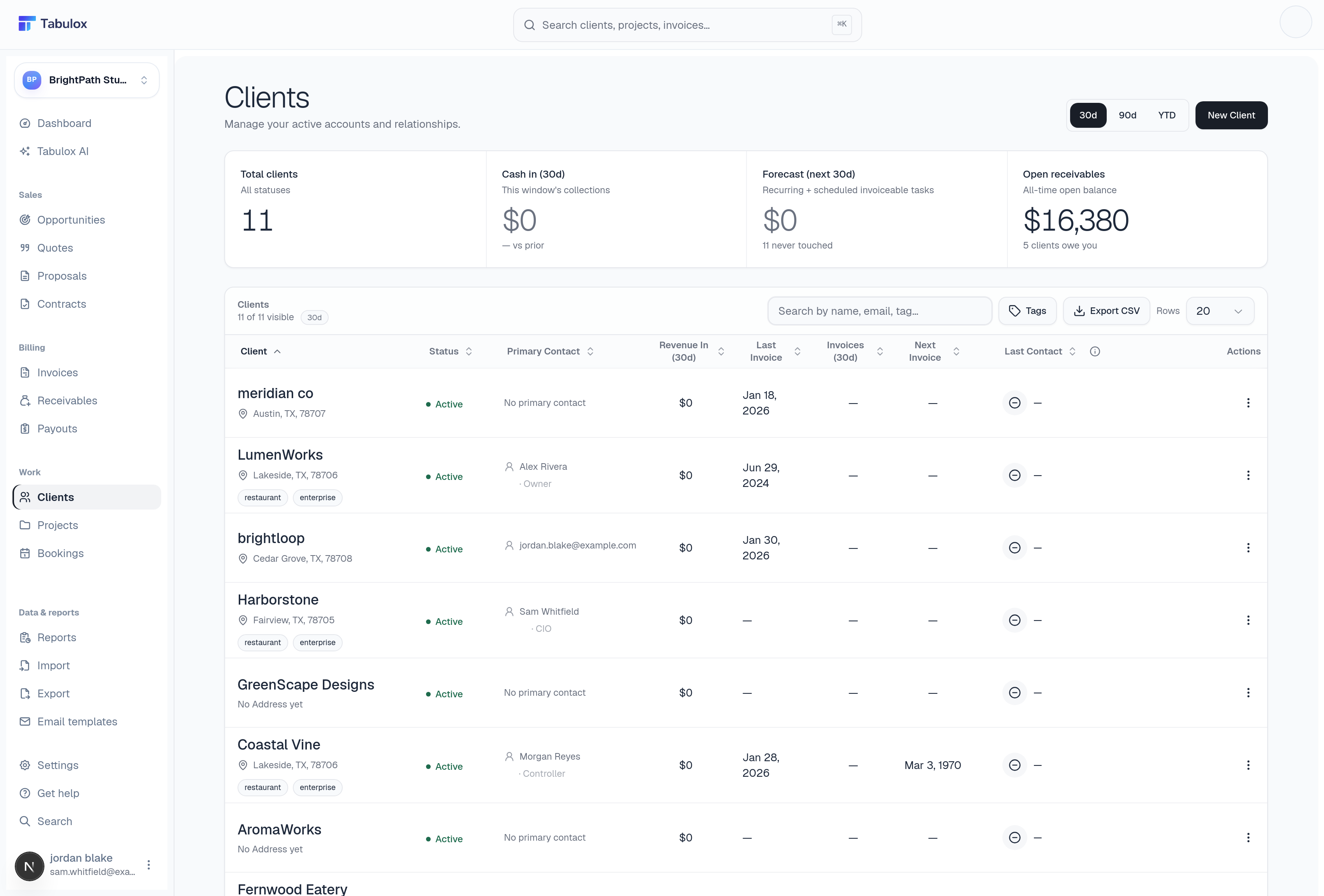 Tabulox clients list showing KPI cards and a searchable, taggable client table