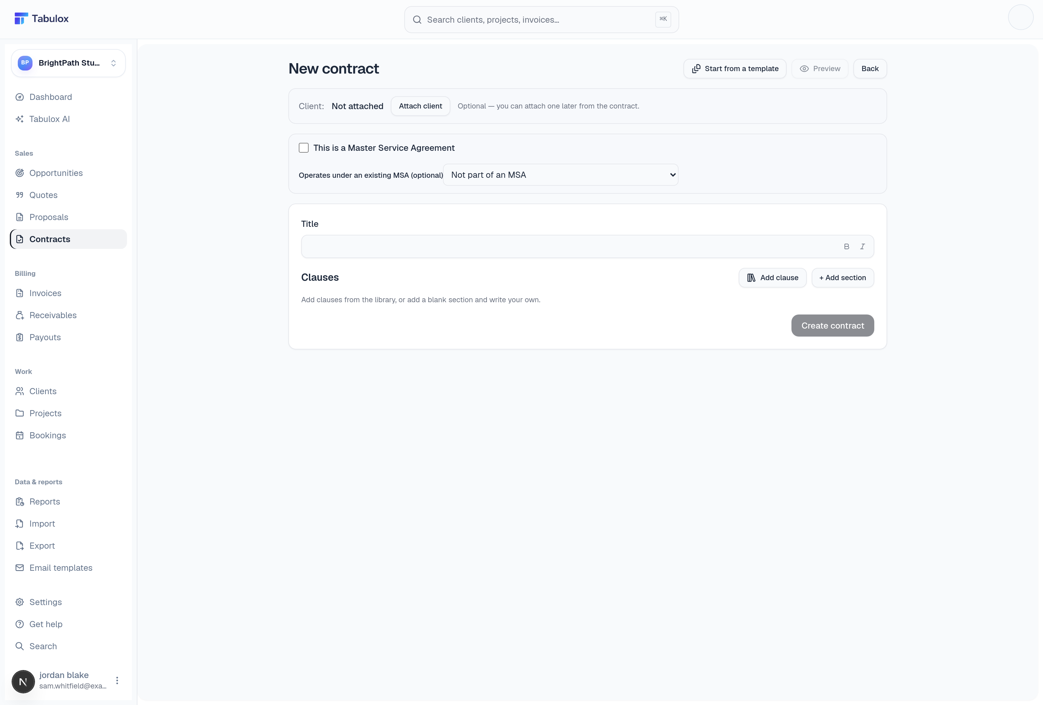 New Contract page with a client-attach bar, a Title field, and a Clauses section with Add clause and Add section buttons