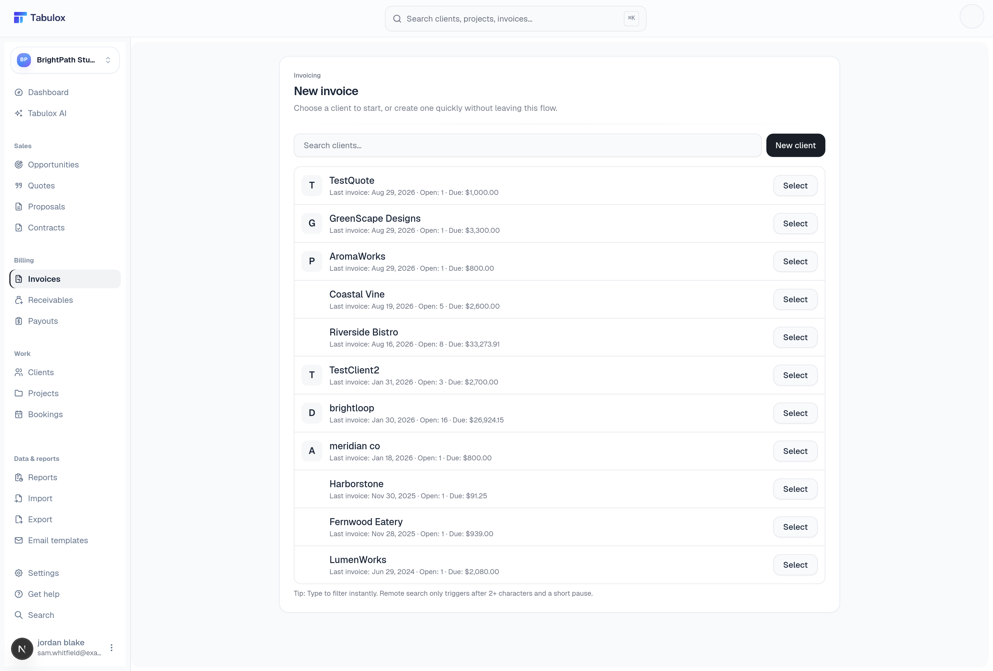 New invoice client picker listing existing clients with a search box and a New client button