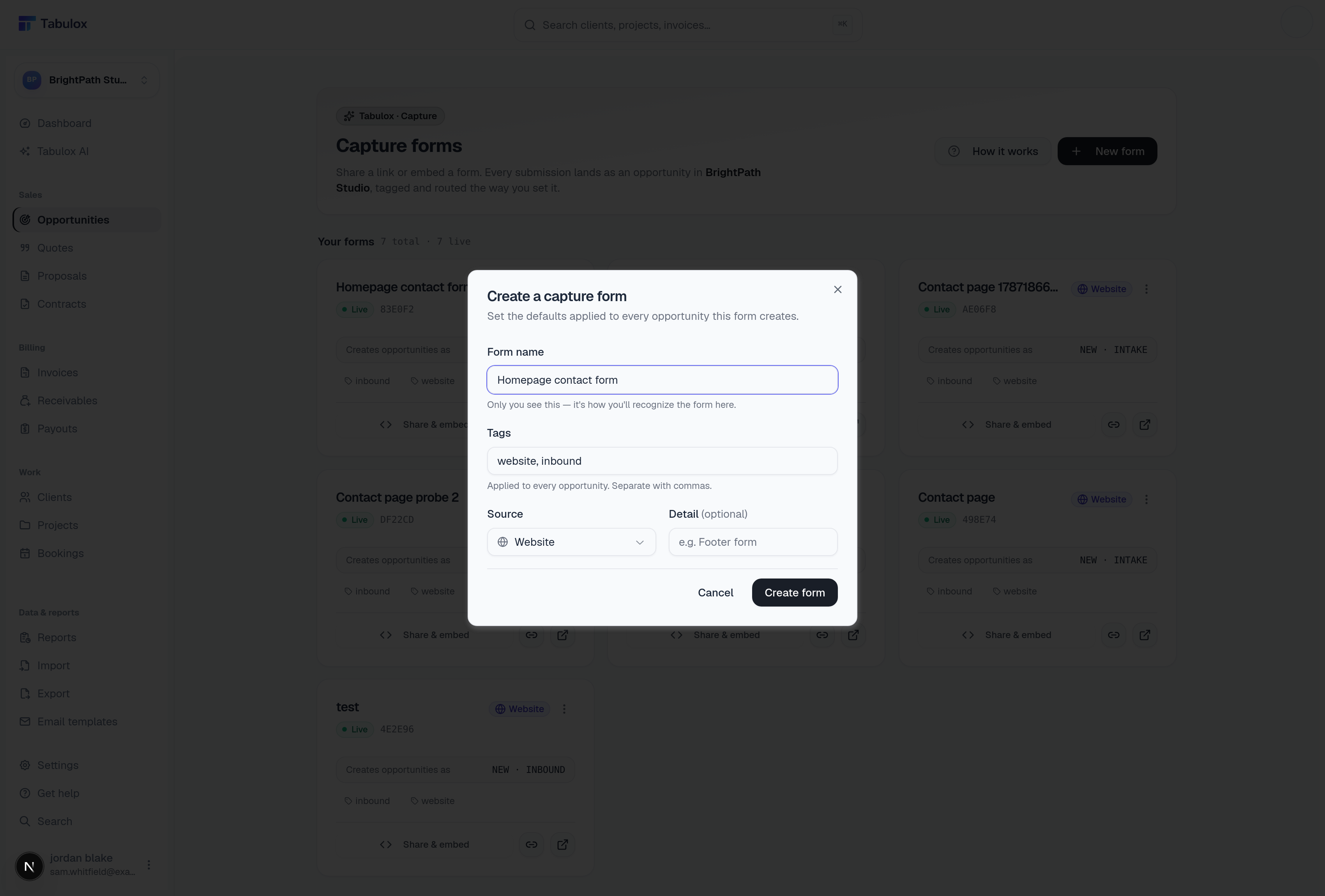 Create a capture form dialog with Form name, Tags, Source, and Detail fields