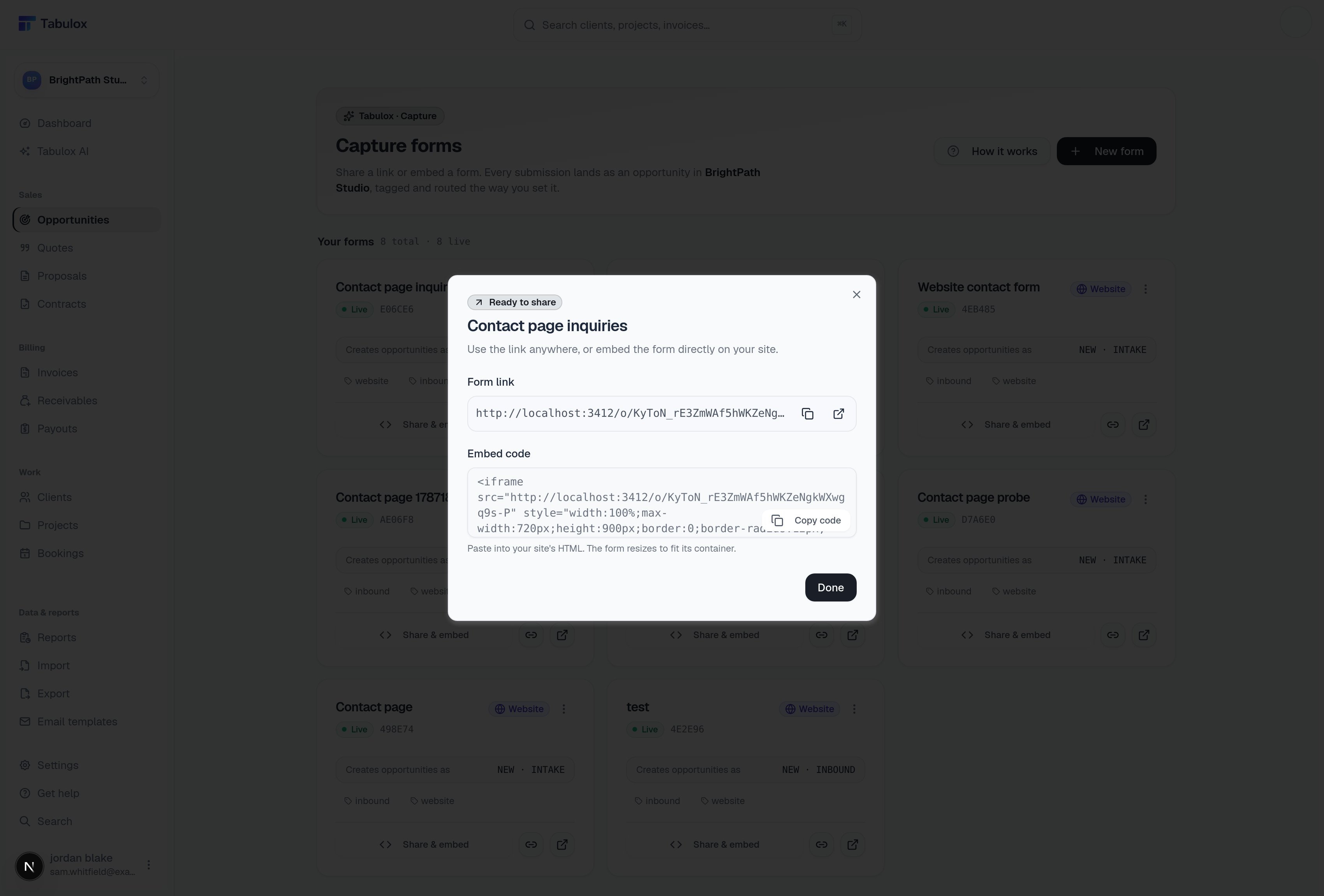 Ready to share panel showing the public form link and an iframe embed code, with Copy buttons for both