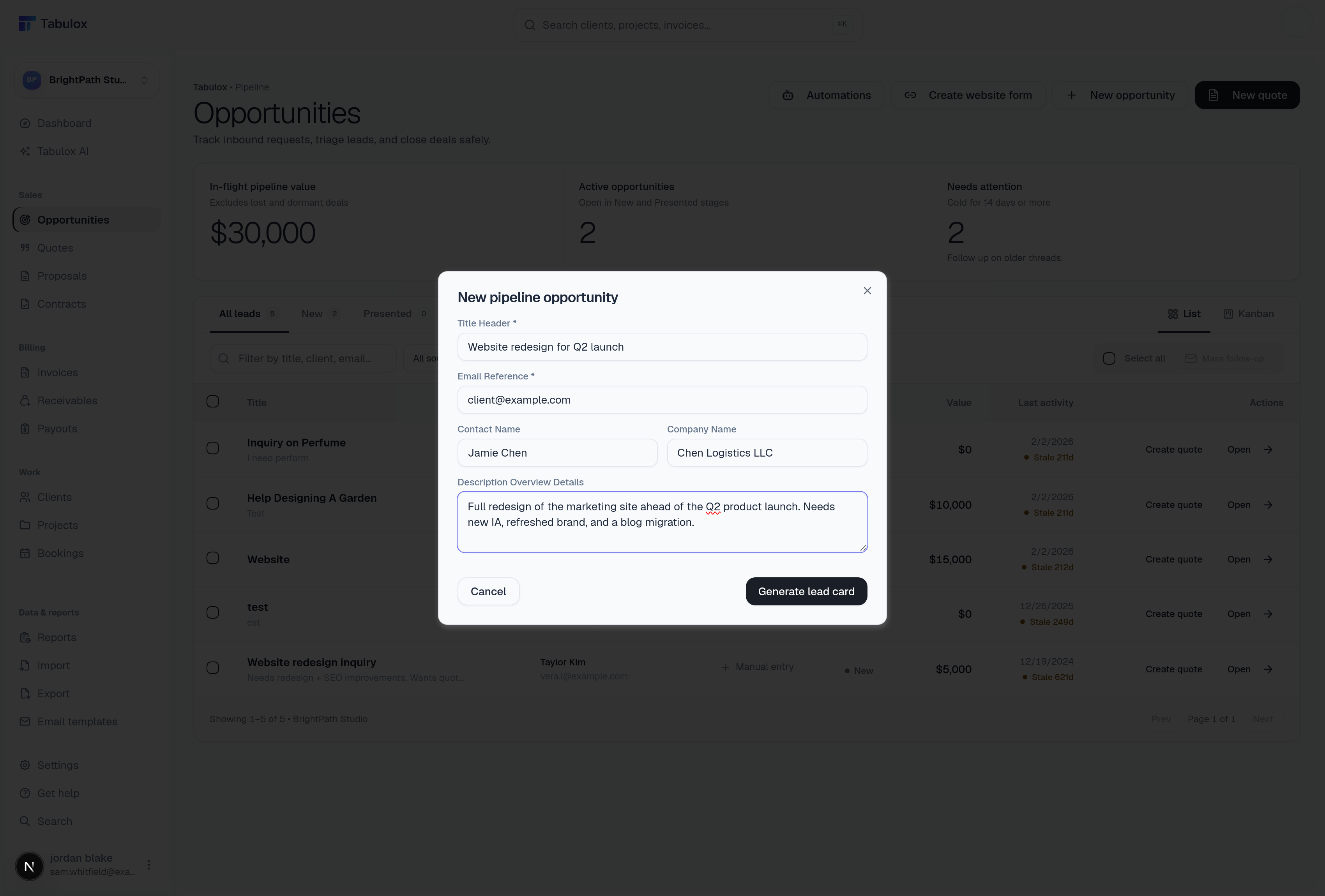 New pipeline opportunity dialog with Title Header, Email Reference, Contact Name, Company Name, and Description fields filled in