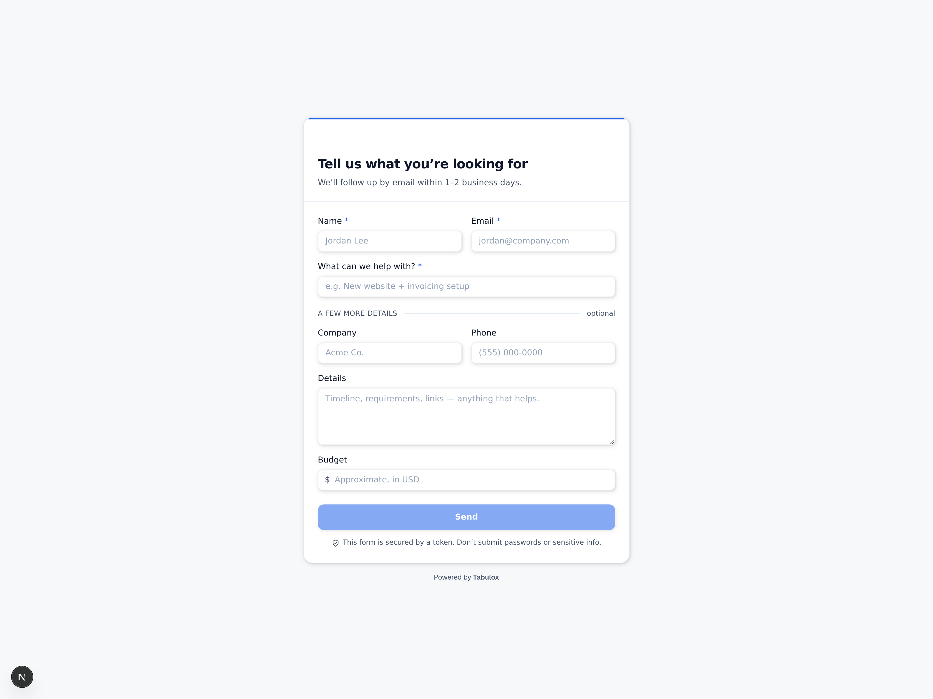 The public lead-capture form as a visitor sees it — name, email, what they need help with, and optional company/phone/details/budget fields