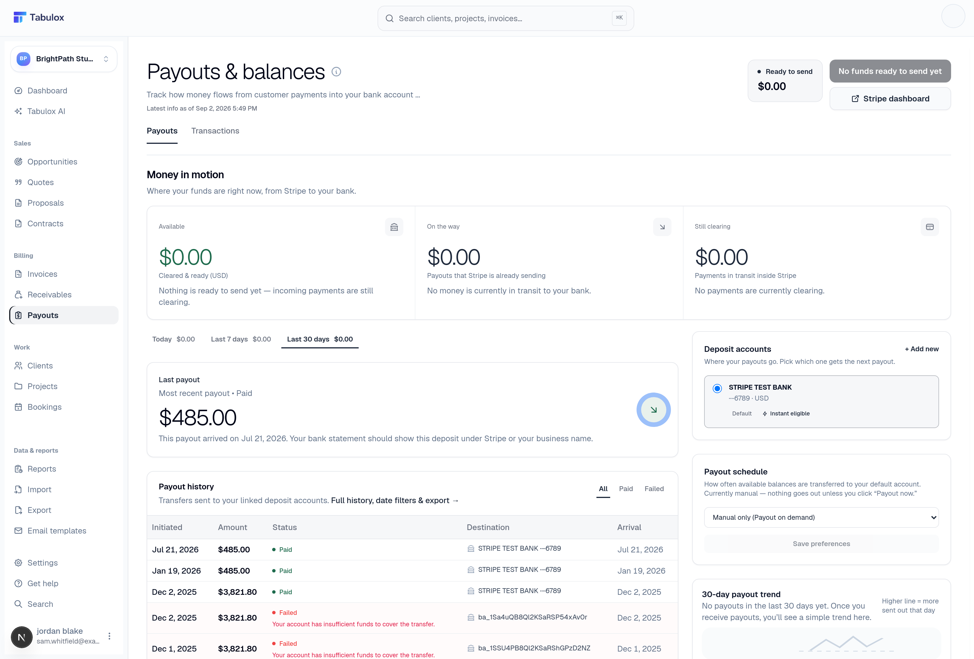 Tabulox payouts and balances page showing balance summary and payout history