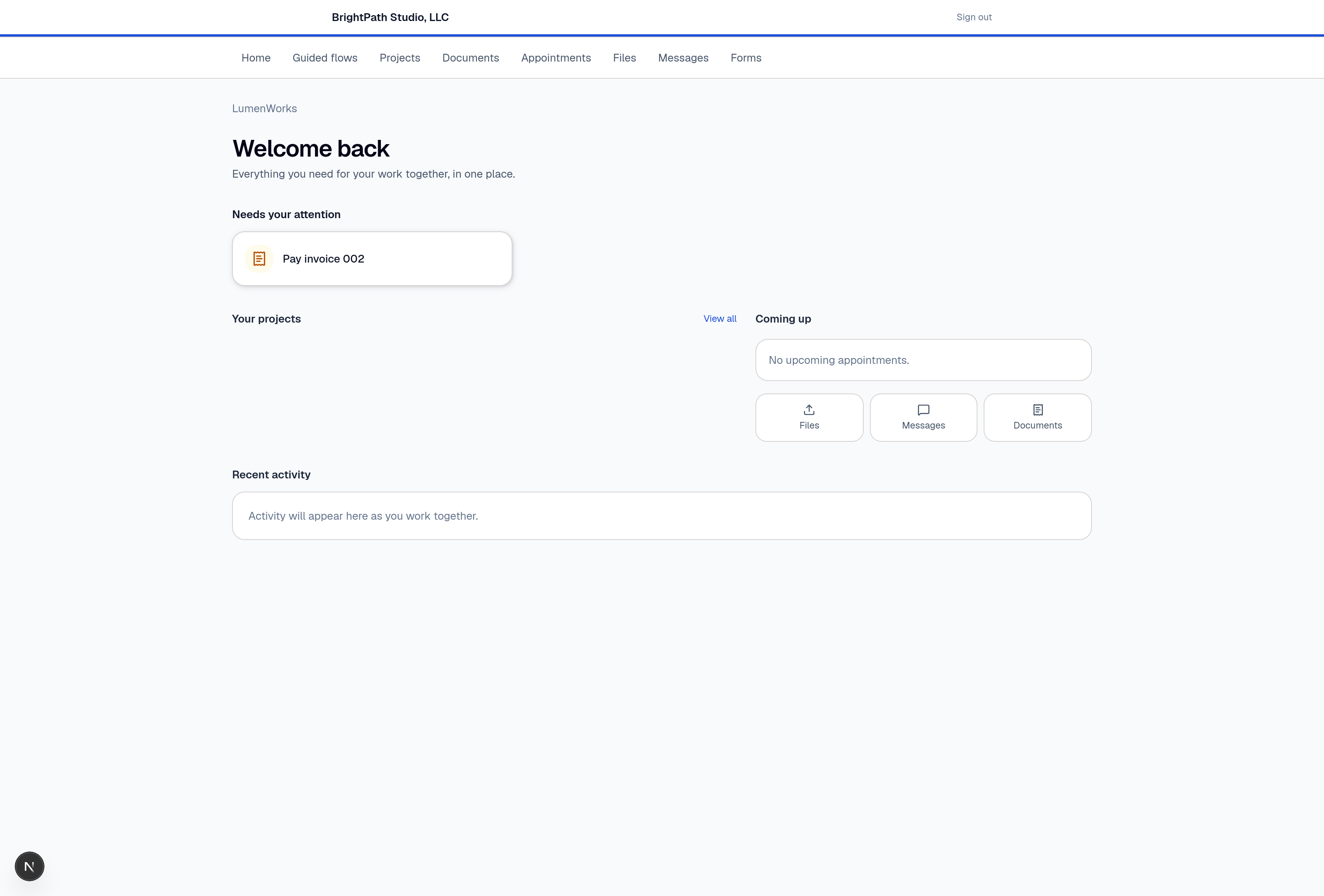 Client portal home screen showing needs-attention items, projects, and coming-up panels