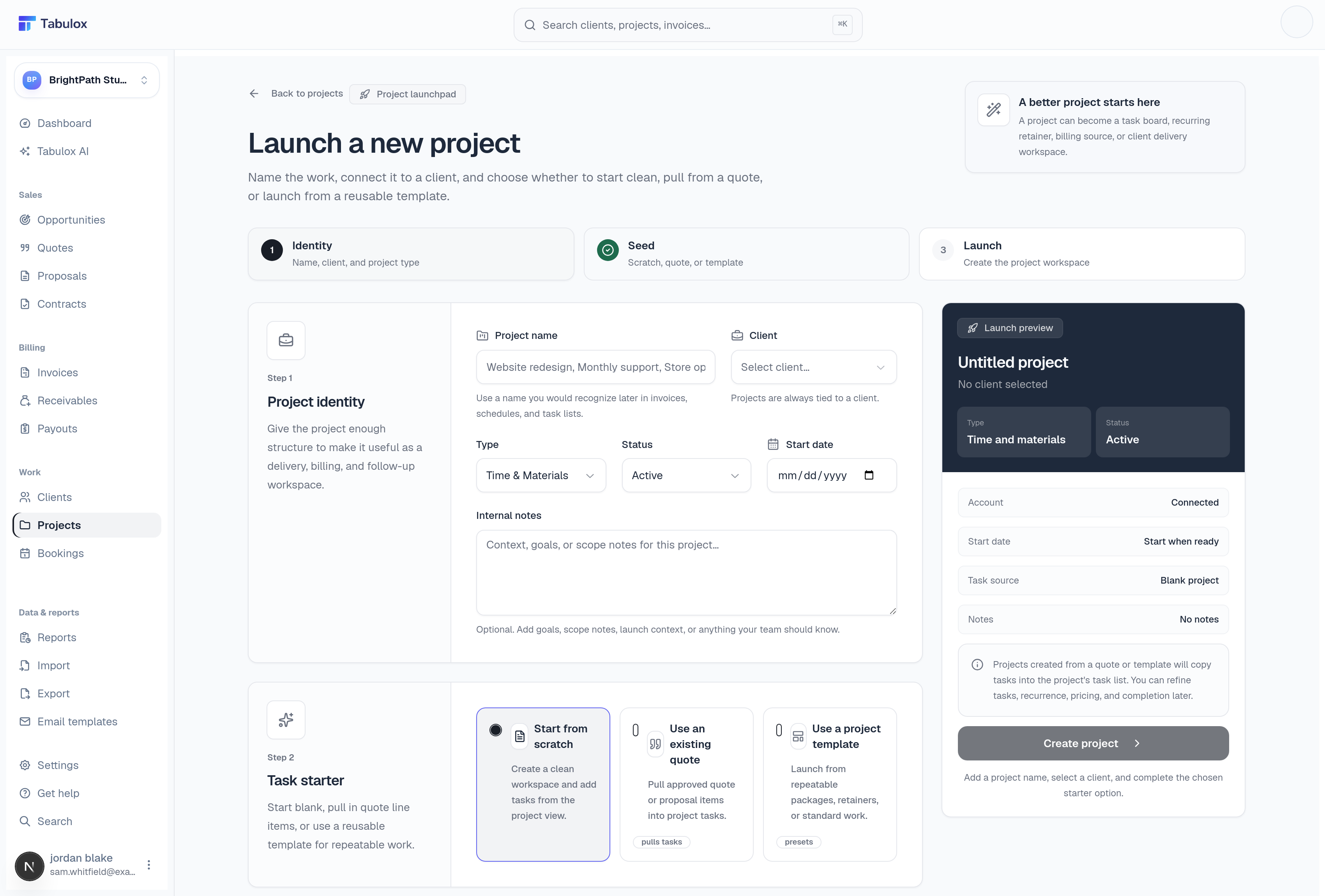 Launch a new project page — Project identity fields plus a Start from scratch / Use an existing quote / Use a project template choice, with a live launch preview panel