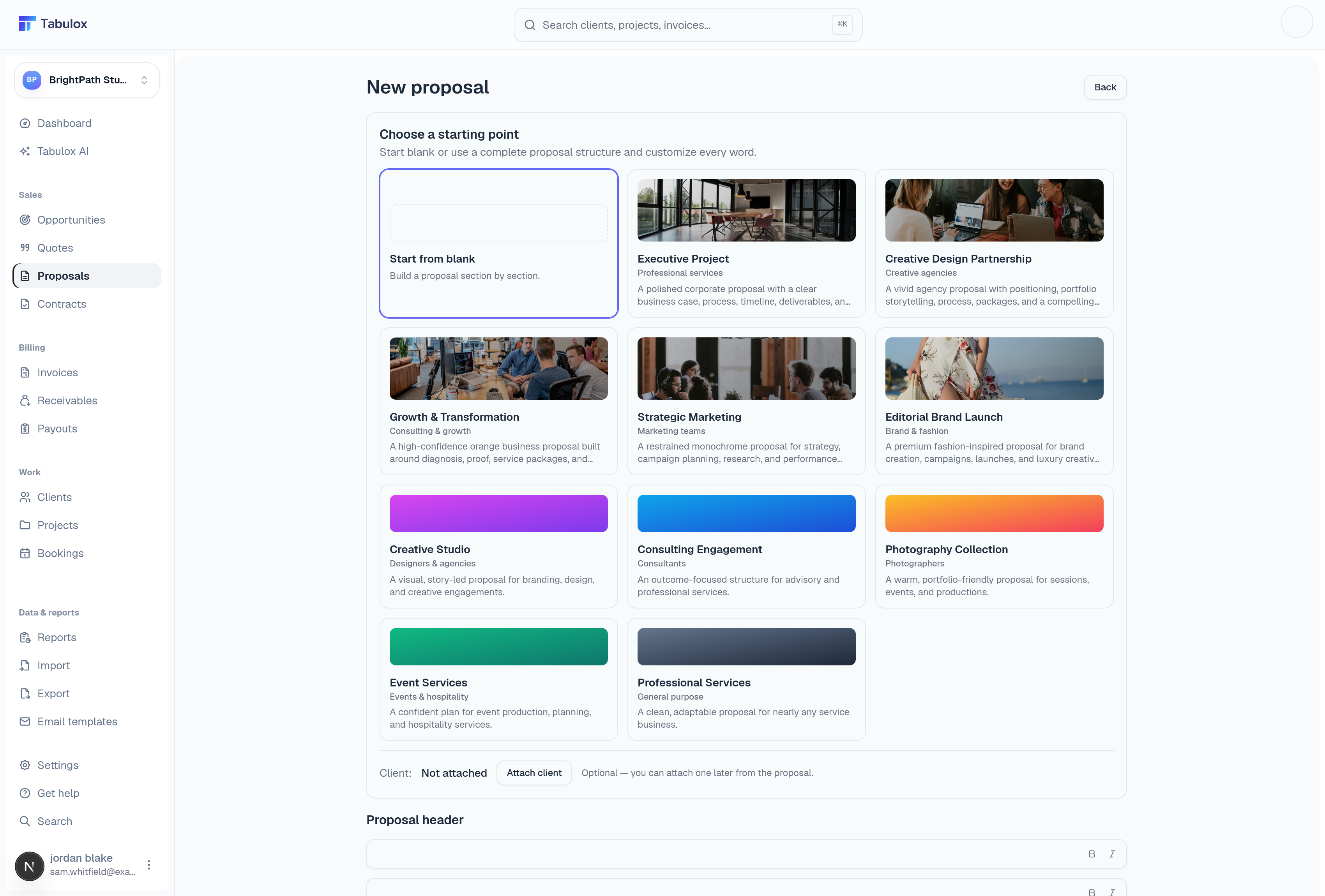 New Proposal starting-point picker with Start from blank plus a gallery of styled starter templates