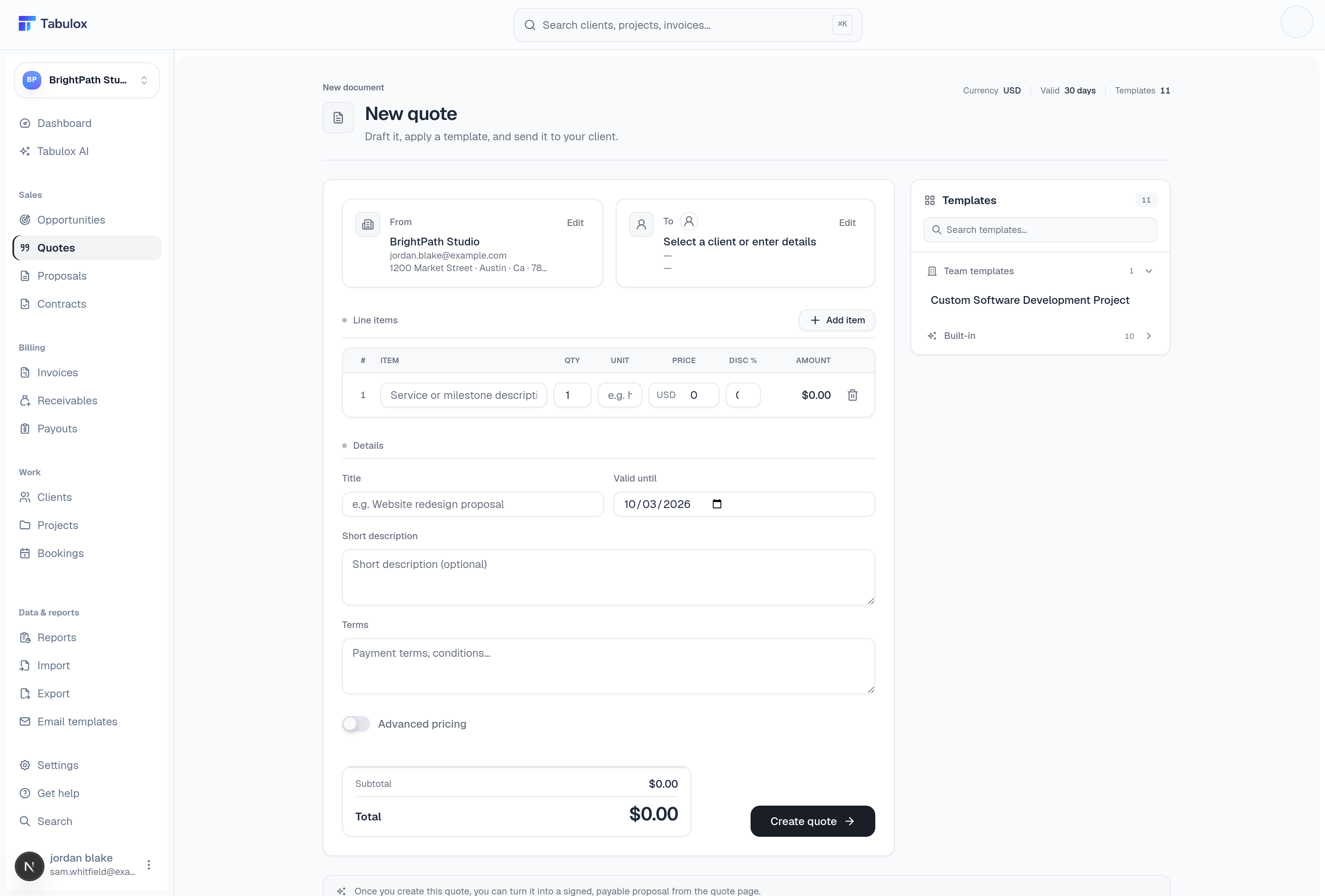 New quote builder with From/To blocks, a line item, and Details fields, plus a template sidebar