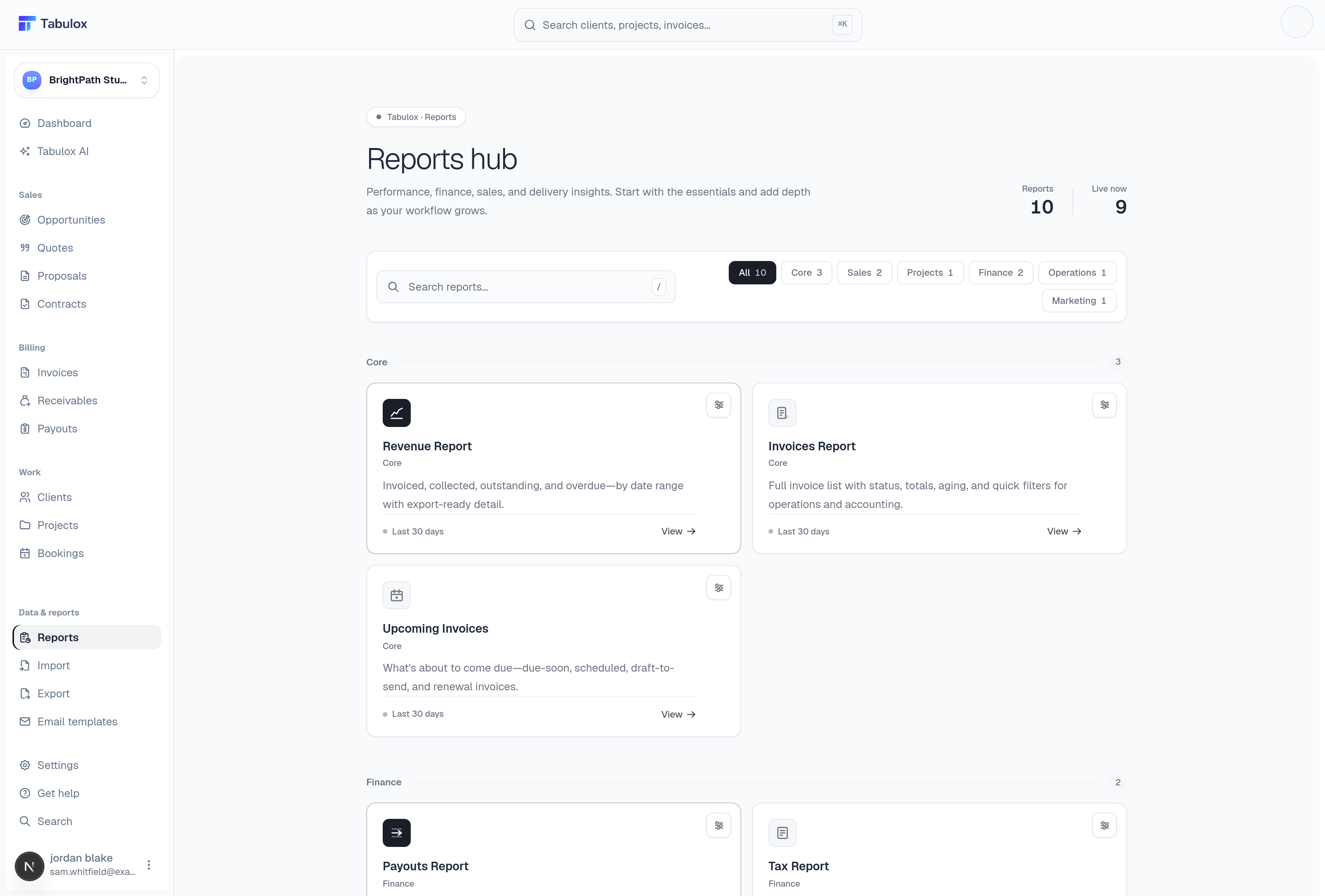 Tabulox reports hub showing report cards grouped by category