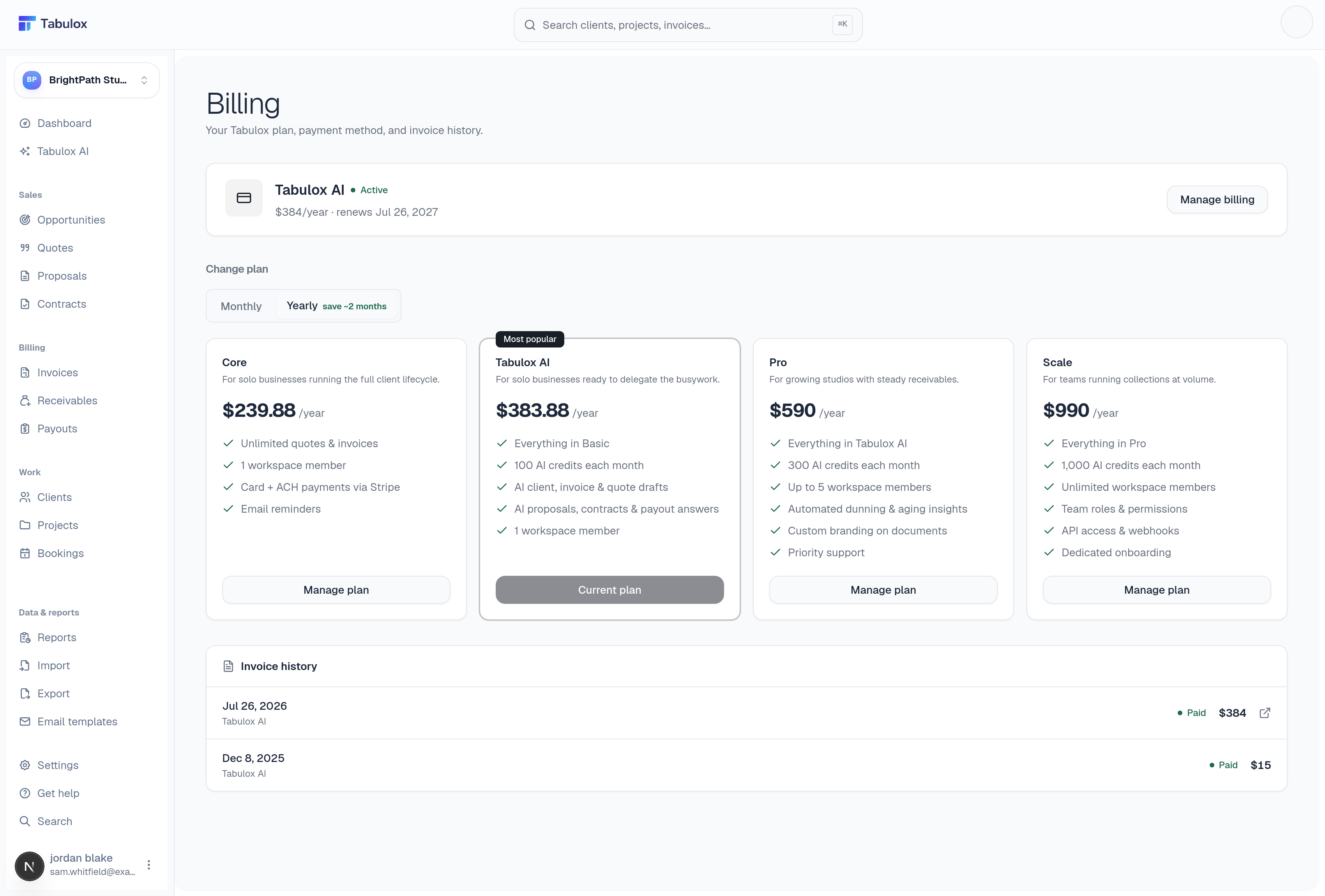 Tabulox billing page showing the current plan, plan comparison, and invoice history