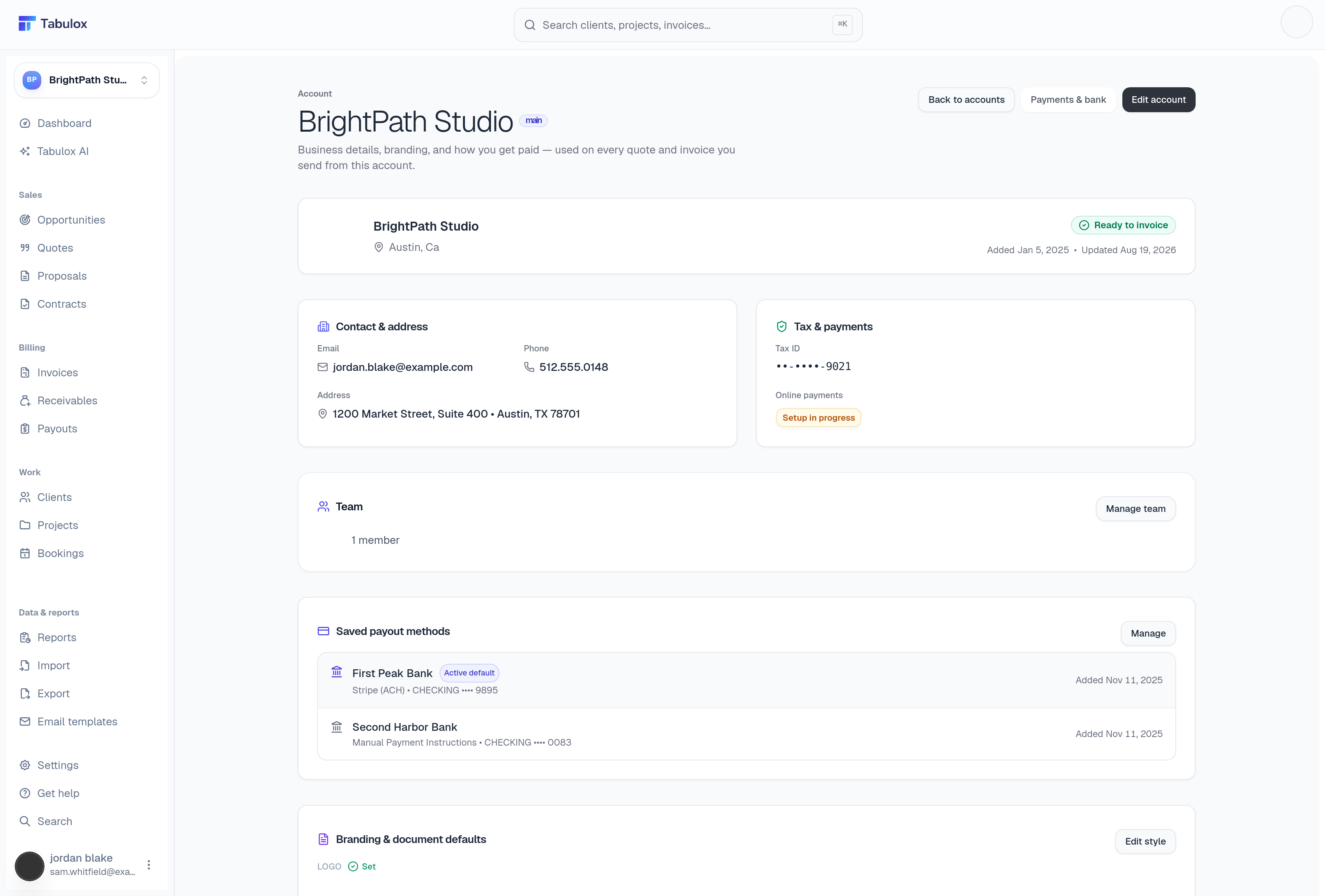 Edit account page showing Address and Tax fields with a Save changes button