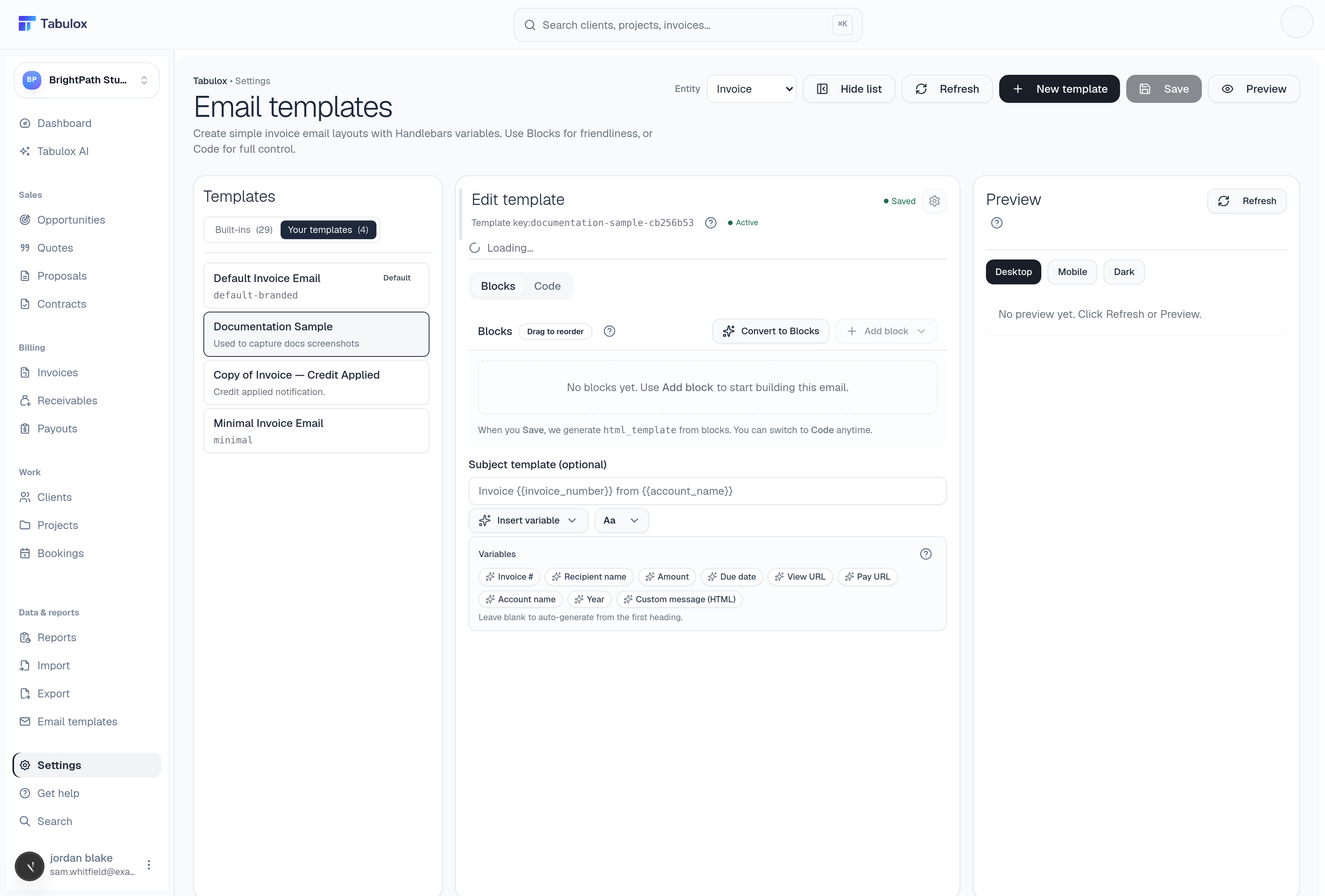 Add block popover listing Heading, Paragraph, Button, Divider, Spacer, and HTML block types