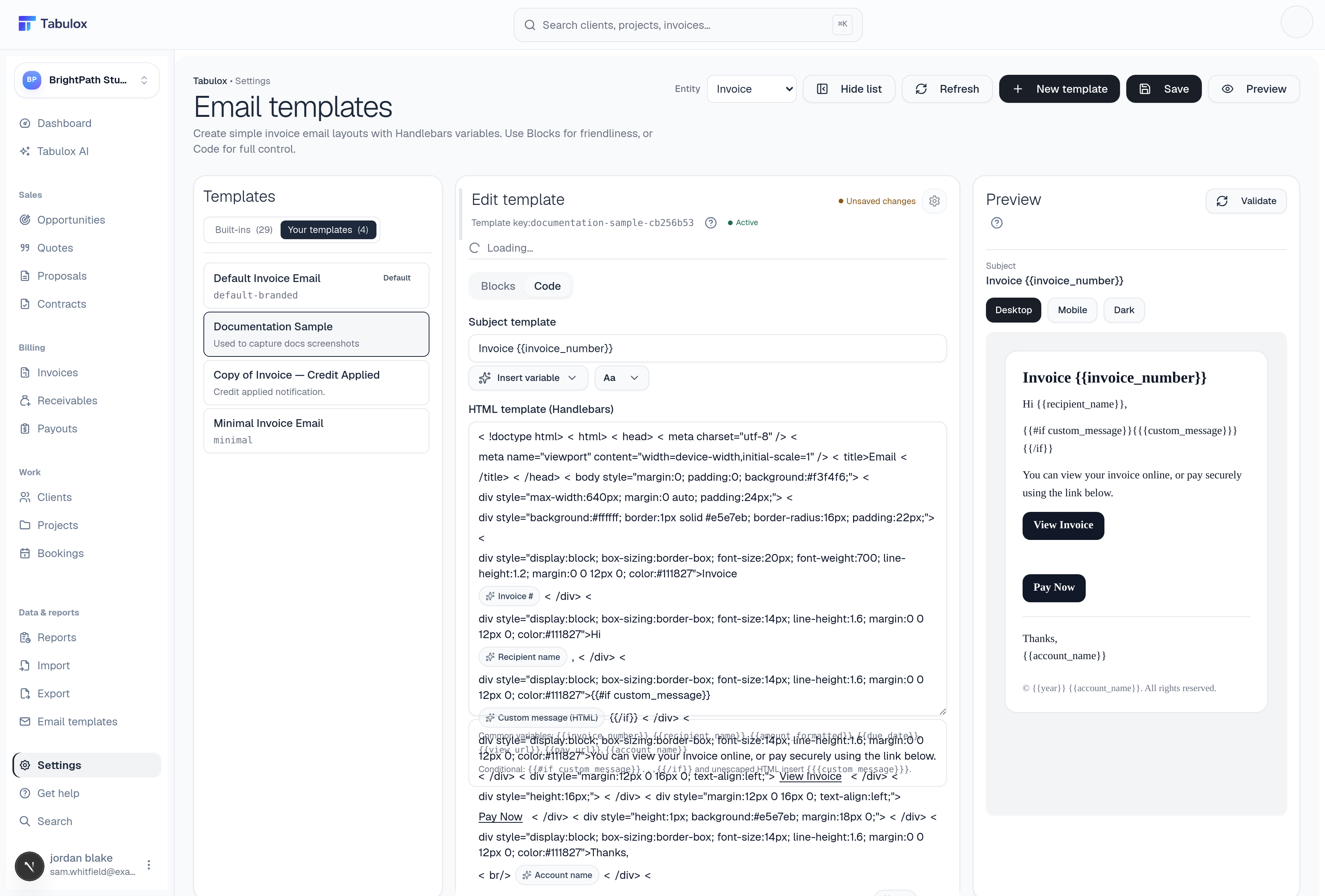 Code mode showing the Subject template field and a raw HTML/Handlebars textarea with variable chips inline