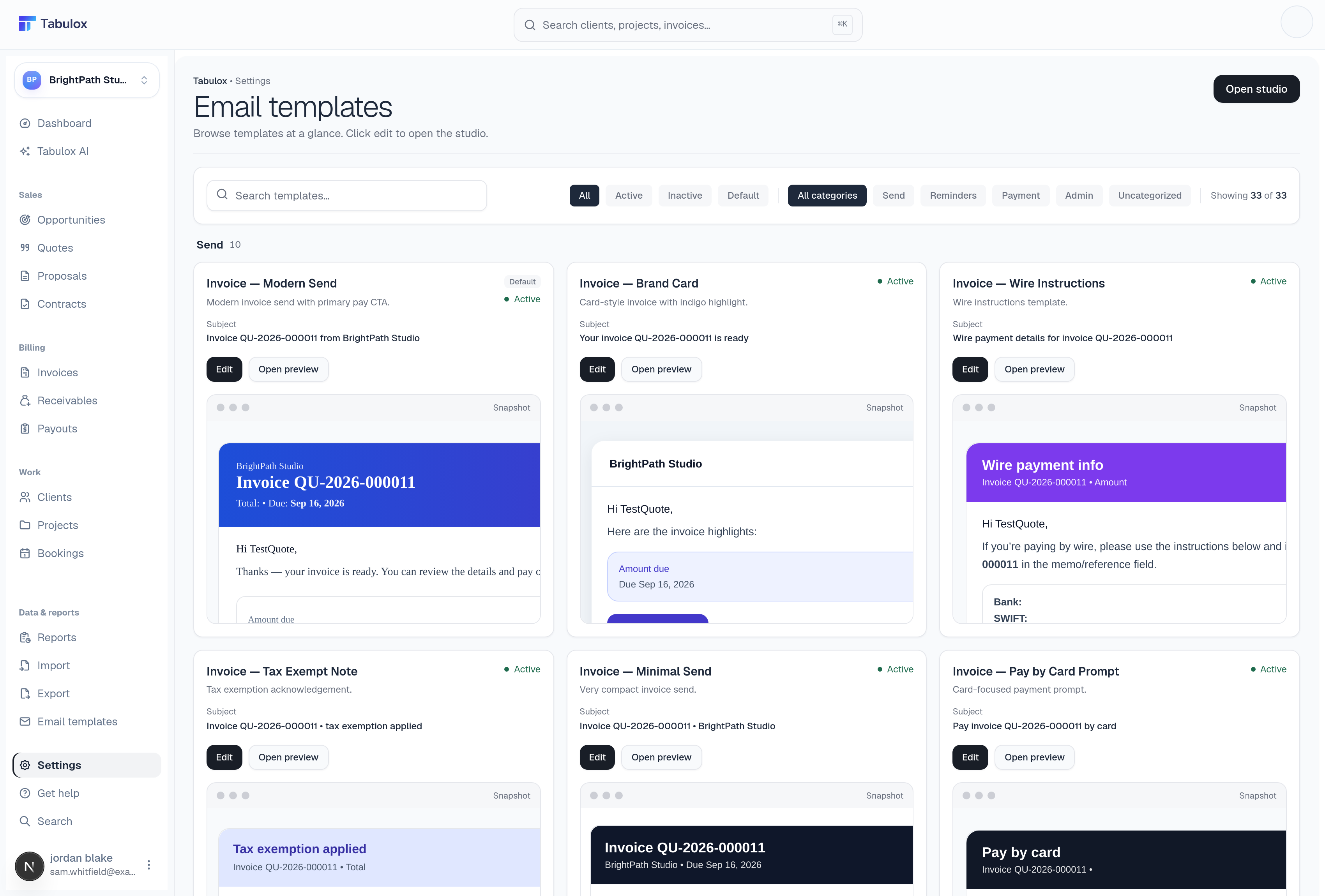 Email templates gallery page with search, status and category filter chips, and a grid of invoice template cards
