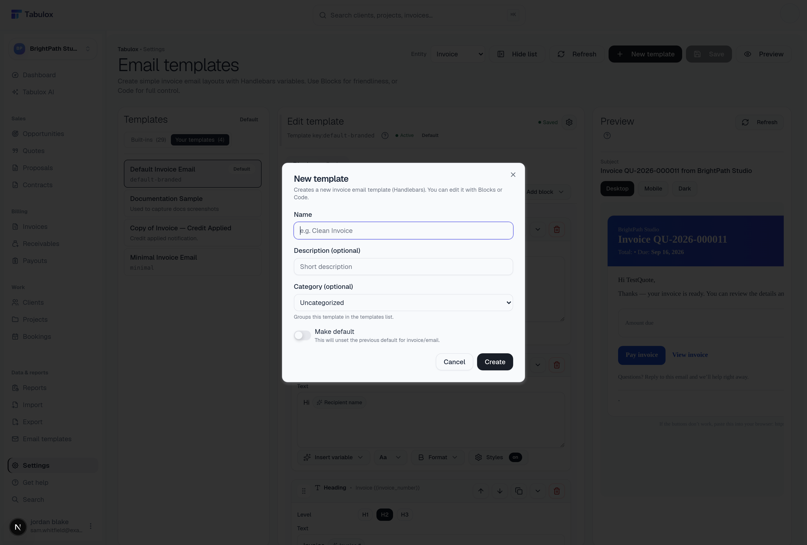 New template dialog with Name, Description, Category, and Make default fields