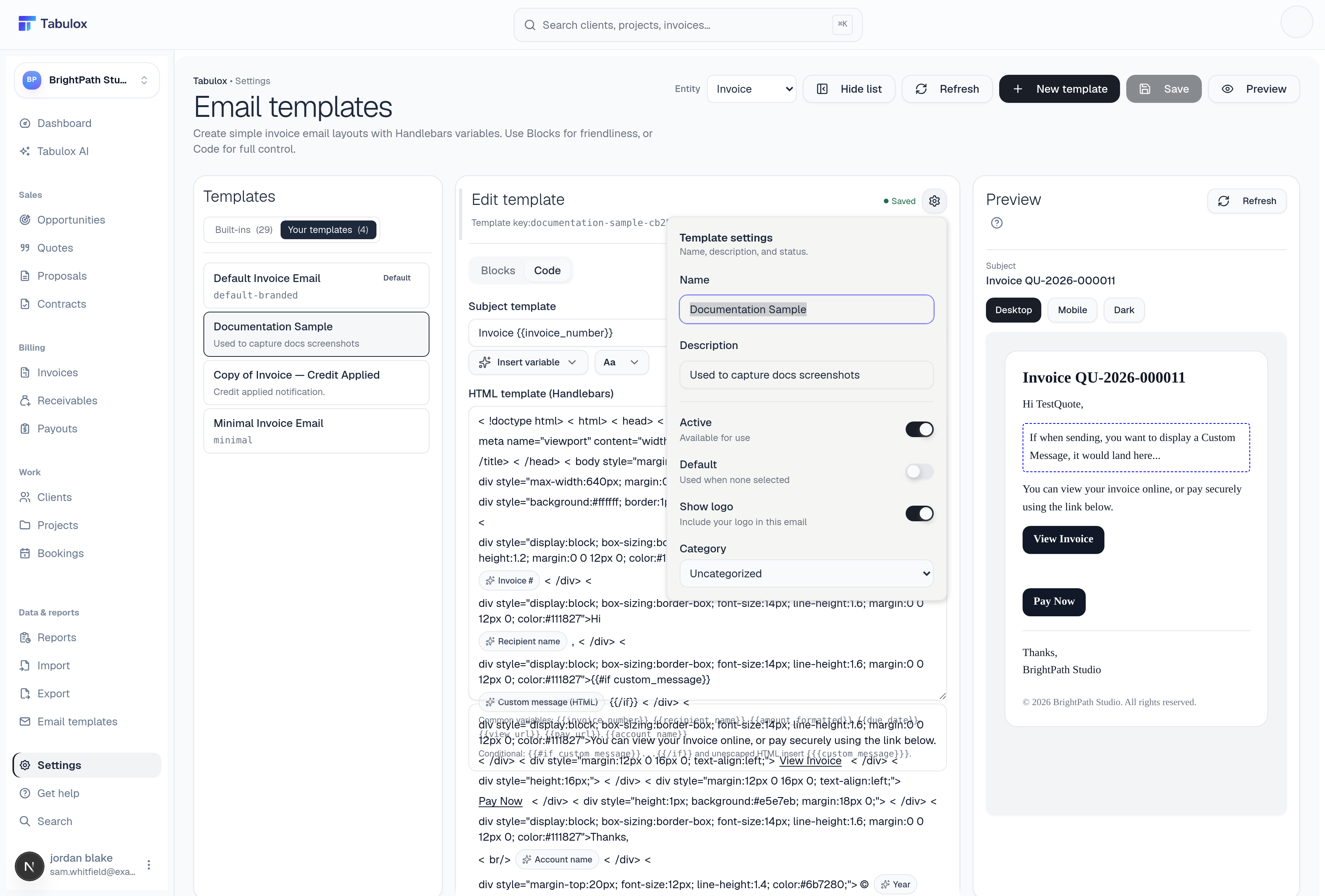 Template settings popover with Name, Description, Active toggle, Default toggle, Show logo toggle, and Category