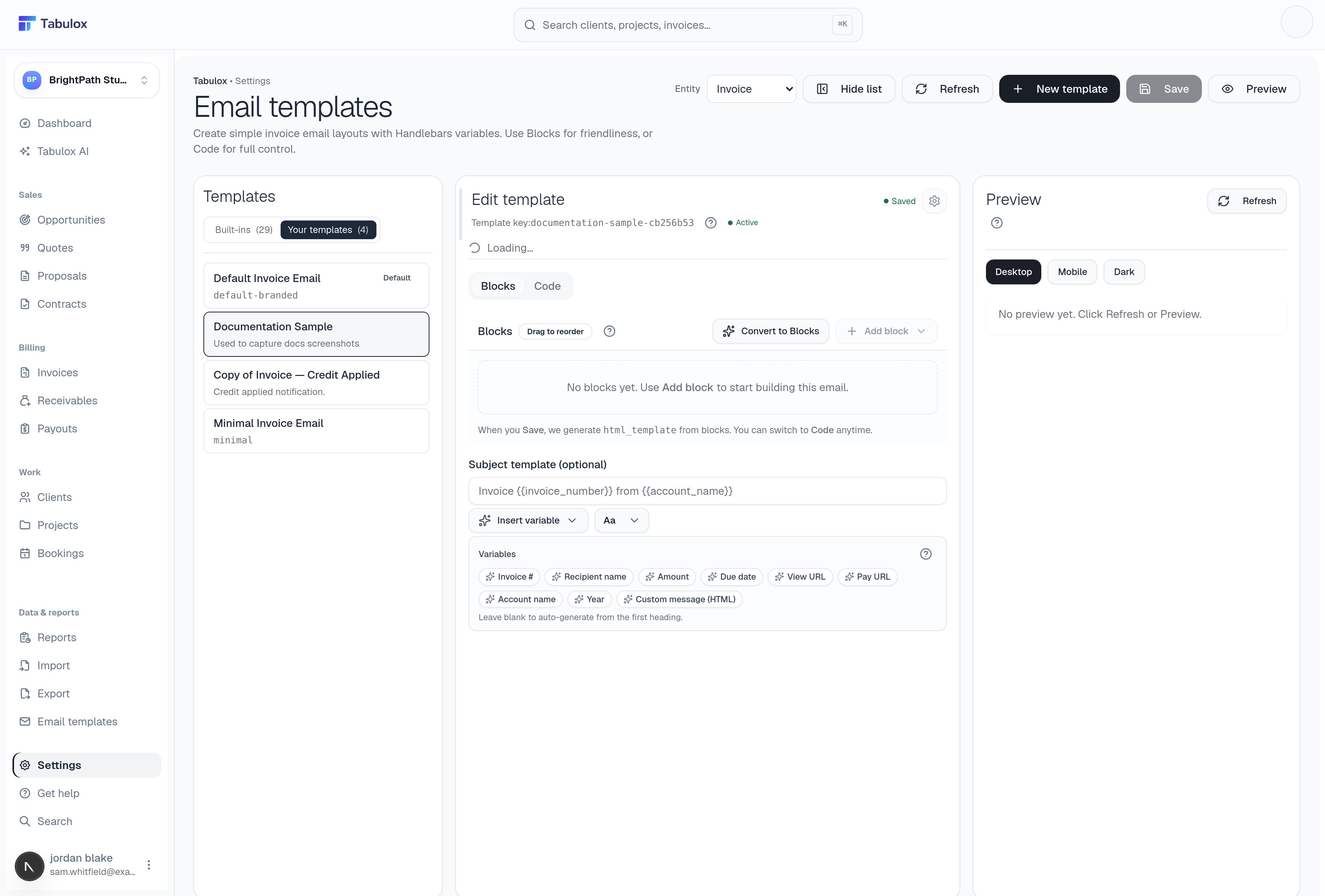 Tabulox email template editor showing blocks, raw HTML, and a live preview