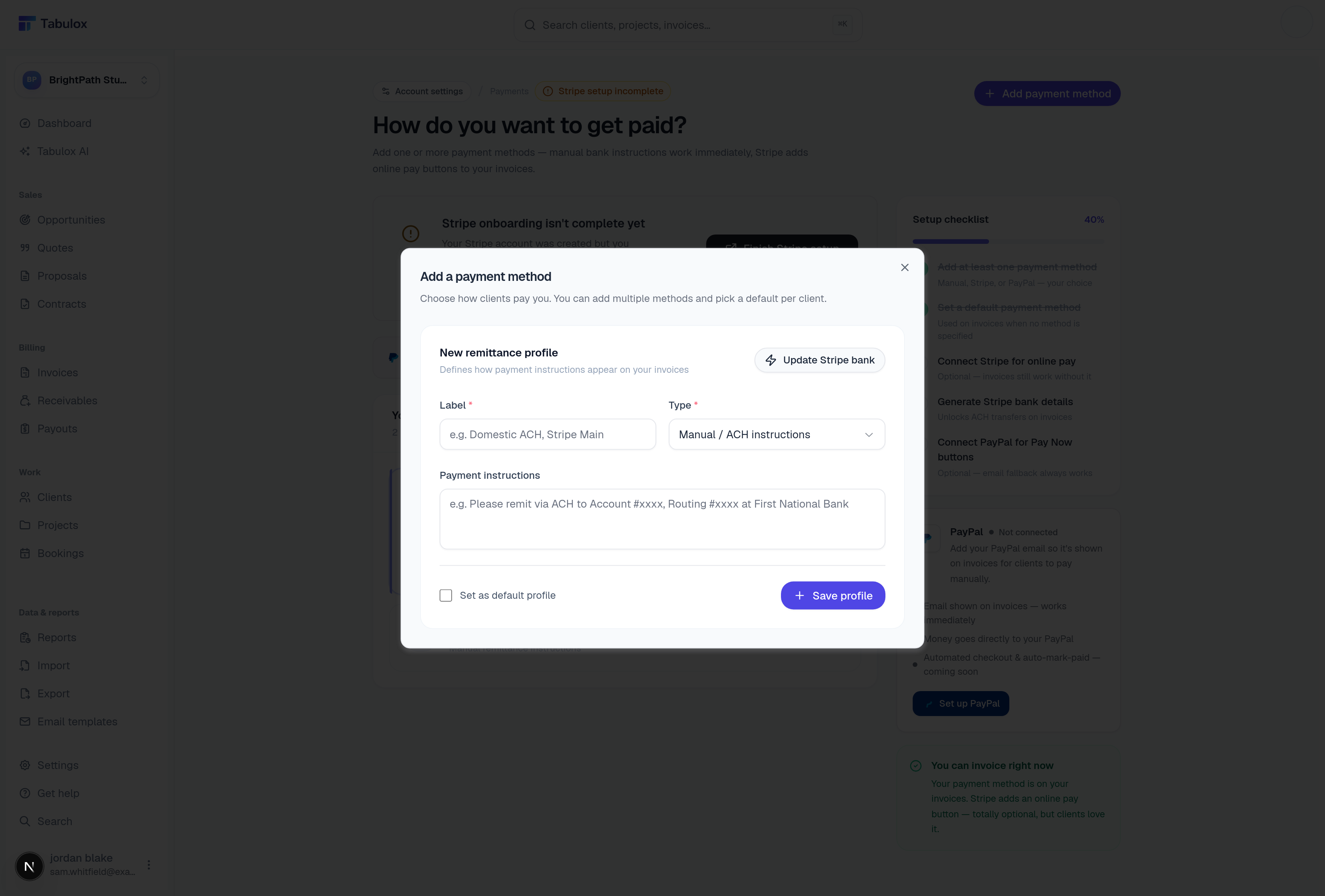 Add a payment method dialog with Label, Type, and Payment instructions fields for a Manual/ACH profile