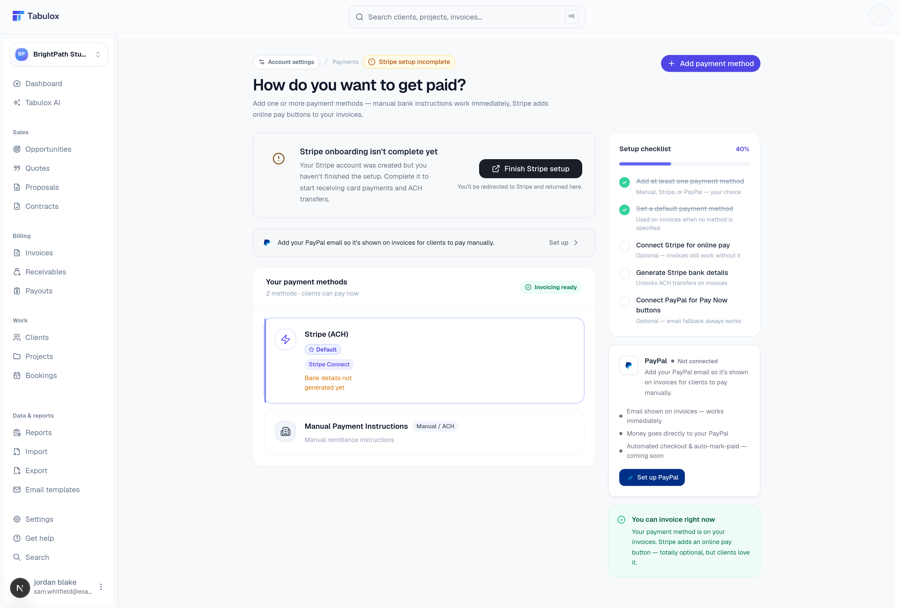 Payments and bank setup page: How do you want to get paid? with a Stripe onboarding banner, PayPal setup strip, a list of payment methods, and a setup checklist