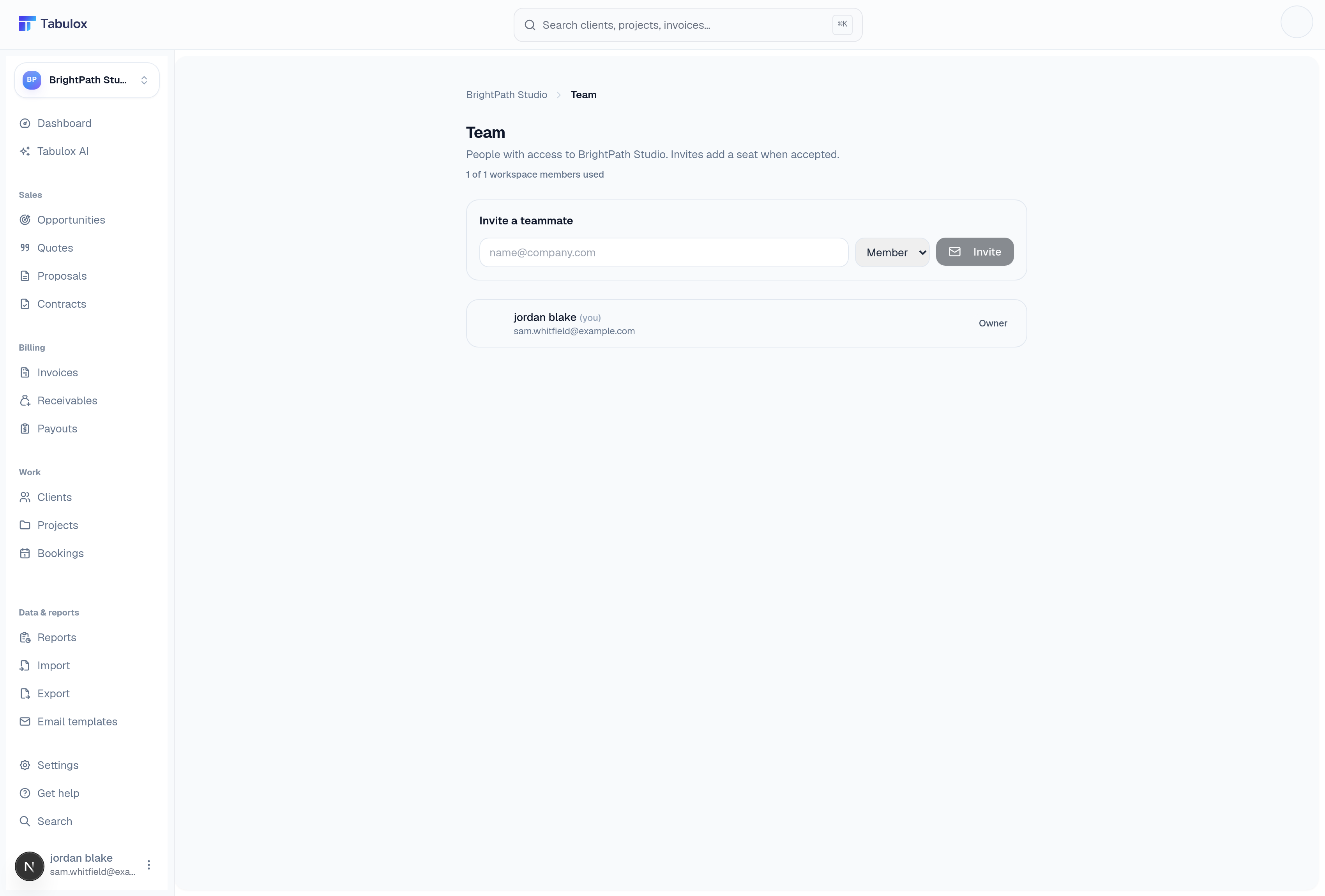 Tabulox team page showing workspace members and an invite form